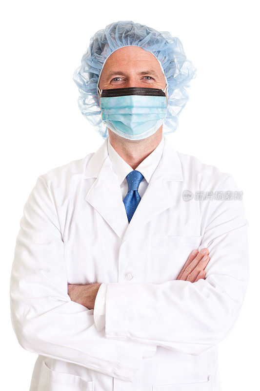 快乐的男性外科医生/医生隔离在白色背景
